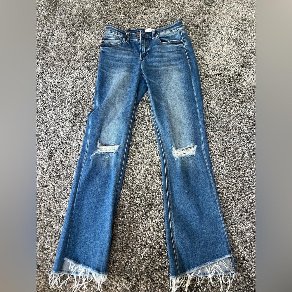 size 25 vervet blue jeans, frayed bottom with slits, knee rips